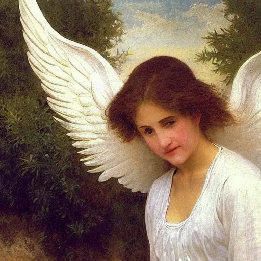 Prompt: an oil painting of an angel driving a car ordering in a drive through, interior view, by Bouguereau, highly realistic and intricate
