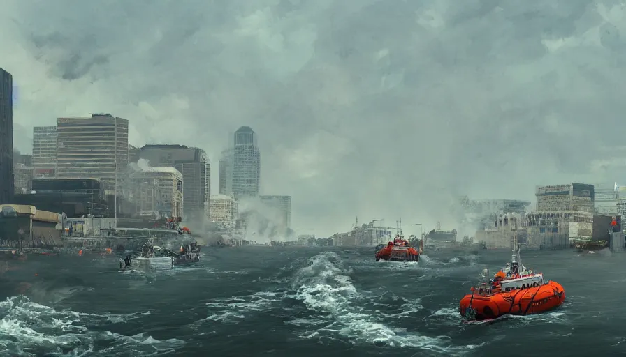 Prompt: wide view of lifeboats crossing washington dc streets after humongous tsunami, damaged burning buildings, hyperdetailed, artstation, cgsociety, 8 k