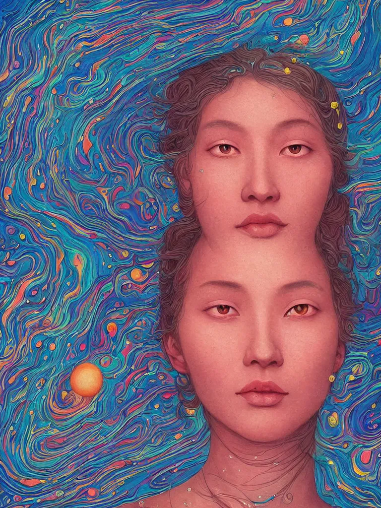 Prompt: a closeup hyperrealistic portrait of a young siberian woman with intricate details, floating in space and dreaming psychedelic hallucinations in the vast icy landscape of antarctica, volcano lava drips in antigravity of the cosmos by kawase hasui, moebius and edward hopper, colorful flat surreal design, hd, 8 k, artstation