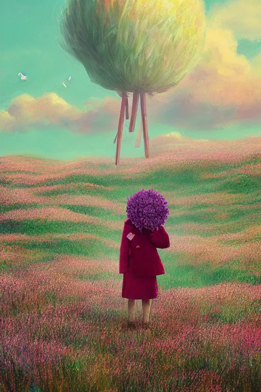 Prompt: portrait, giant flower head, a girl wearing a coat in a heather field, surreal photography, wind and cold, dramatic sky, impressionist painting, digital painting, artstation, simon stalenhag
