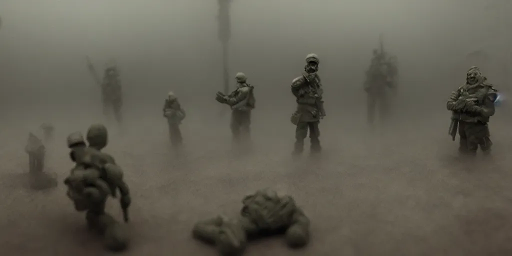 Prompt: the world war 3, surrealistic detailed claymation art, dark, moody, foggy