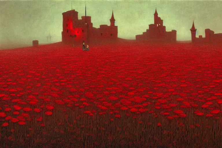 Image similar to only with red, red flowers of different types, a castle in the background, red orcs and trolls dance over the flowers, in the style of beksinski, part by hopper, part by rodcenko, part by hofbauer, intricate composition, red by caravaggio, insanely quality, highly detailed, masterpiece, red light, artstation