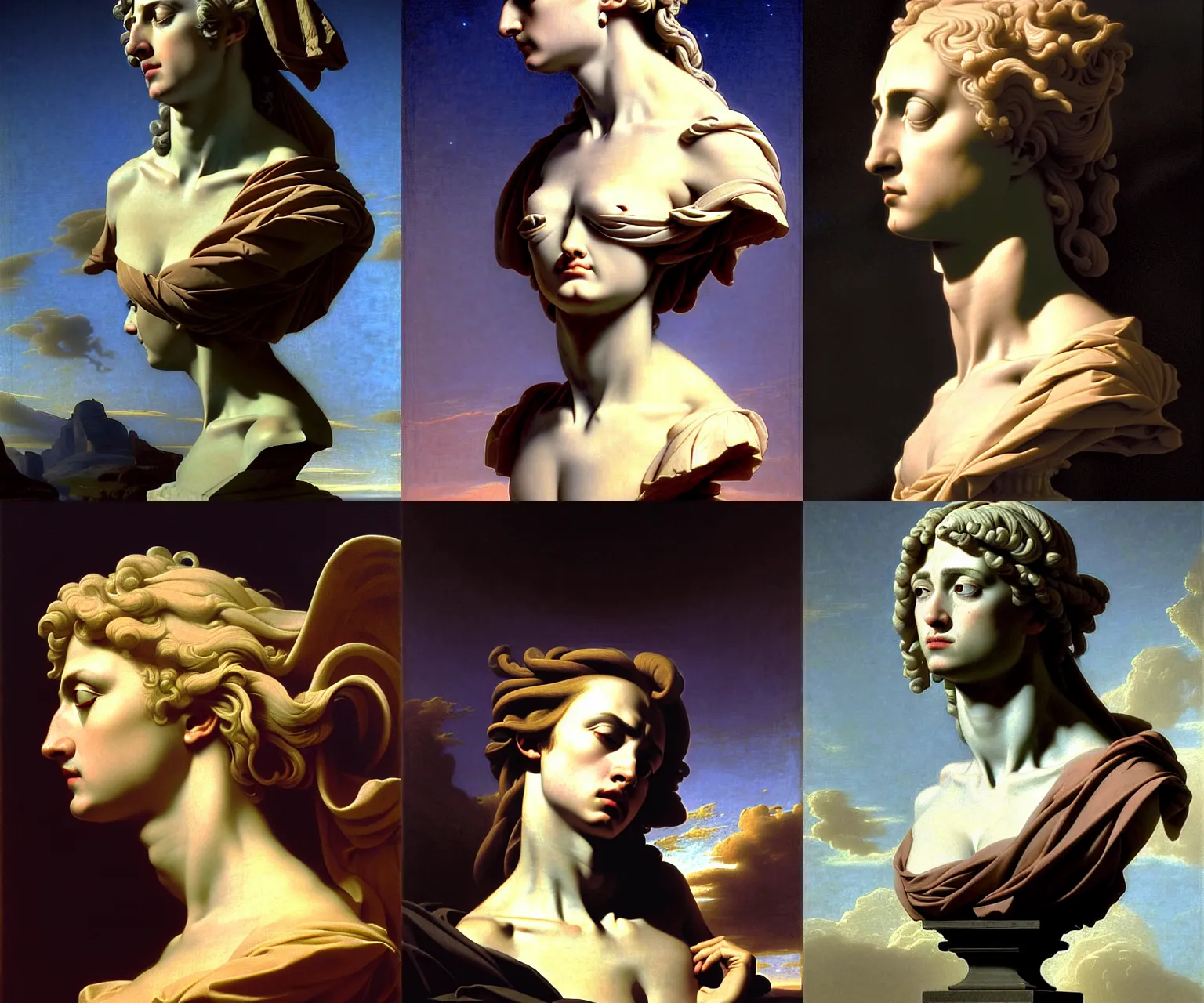 Prompt: cinematic masterpiece bust portrait of a crying majestic gothic goddess of morning at dawn, head and bust only, by Jacques-Louis David, by Caravaggio, by Wayne Barlowe, by Tim Hildebrandt, by Bruce Pennington, by Antonio Canova, oil on canvas, masterpiece, trending on artstation, featured on pixiv, cinematic composition, astrophotography, dramatic pose, beautiful lighting, sharp, details, details, details, hyper-detailed, no frames, HD, HDR, 4K, 8K