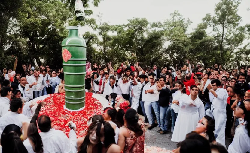 Image similar to a crowd of mexicans dancing around a giant tequila bottle in a wedding,