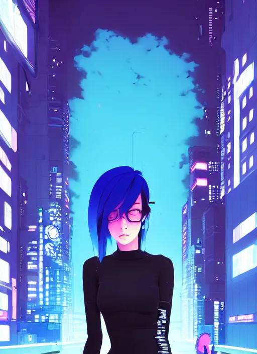 Image similar to digital illustrationportrait of cyberpunk pretty girl with blue hair, wearing a tight black dress, in city street at night, by makoto shinkai, ilya kuvshinov, lois van baarle, rossdraws, basquiat