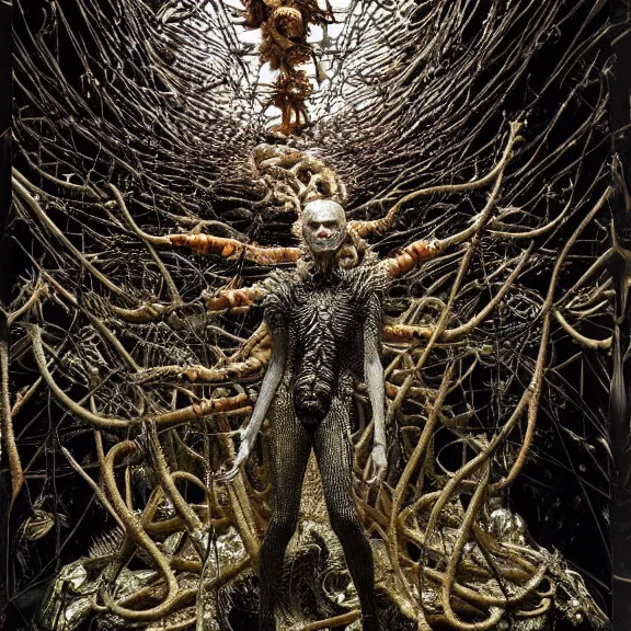 Image similar to still frame from Prometheus, biomechanical gaia, by Neri Oxman and alexander mcqueen metal couture editorial, in mycelium hanging garden by giger by utagawa kuniyoshi