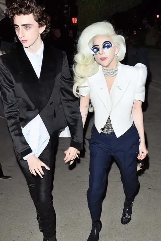 Image similar to timothee chalamet and lady gaga holding hands, beautiful detailed faces, canon eos, featured, flash lighting