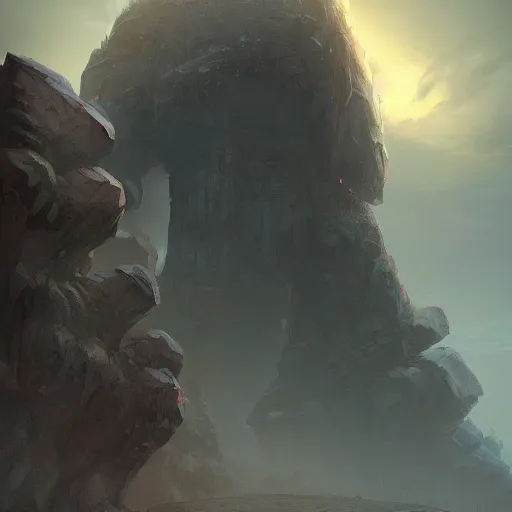 Prompt: concept art of a giant stone golem, day time, foreboding, fantasy, valley, tomislav jagnjic