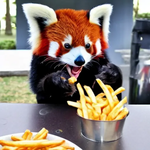 Image similar to a red panda wearing a Darth Vader helmet eating french fries