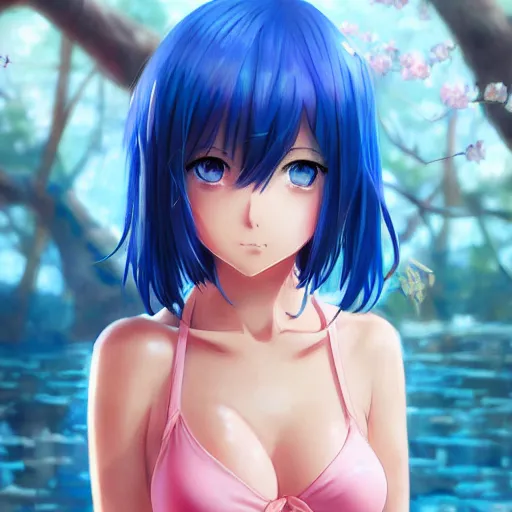 Image similar to anime portrait of a girl, bikini, short pink hair, azure blue eyes, full body, cute, detailed, by Stanley Artgerm Lau, WLOP, Rossdraws, James Jean, Andrei Riabovitchev, Marc Simonetti, and Sakimichan, trending on artstation