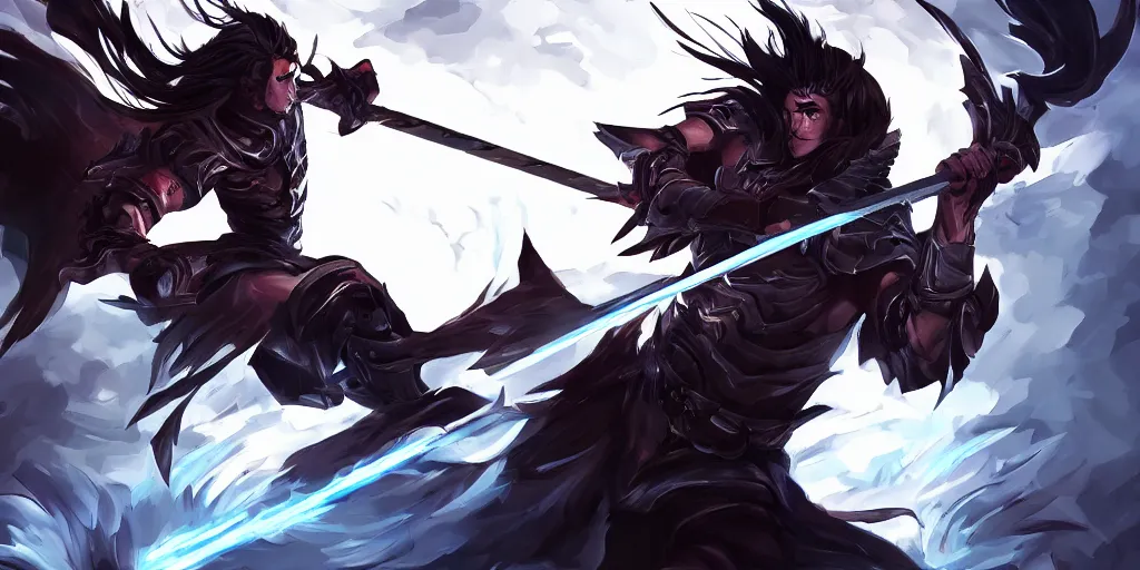 Image similar to nightbringer yasuo slashing, ultra details background trending on artstation digital painting splashart drawn by a professional artist