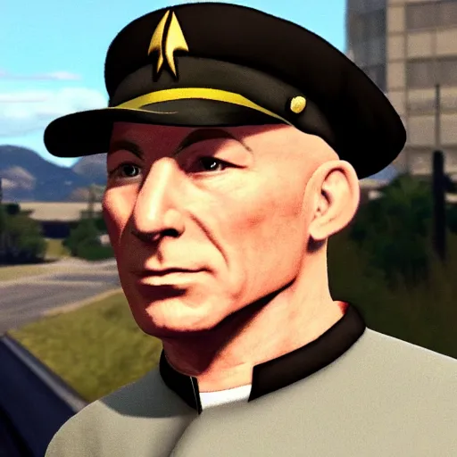 Image similar to Captain Jean Luc Picard in his Starfleet uniform, in the style of GTA V