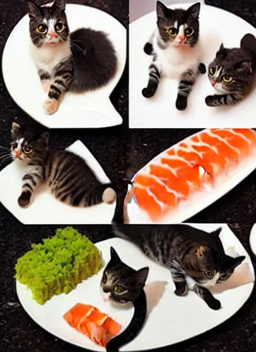 Image similar to clear photorealistic picture of adorable cats made out of sushi