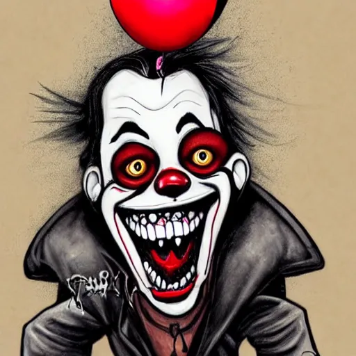 Image similar to grunge cartoon painting of pete davidson with a wide smile and a red balloon by chris leib, loony toons style, pennywise style, corpse bride style, horror theme, detailed, elegant, intricate