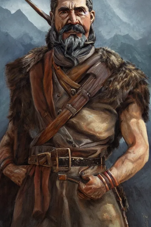 Image similar to a full body high detail fantasy portrait oil painting illustration of Joseph Stalin as a single rugged stoic barbarian man by Justin Sweet with face and body clearly visible, in a scenic background, pupils visible, realistic proportions, d&d, rpg, forgotten realms, artstation trending, high quality, sombre mood, muted colors, no crop, entire person visible!, natural light