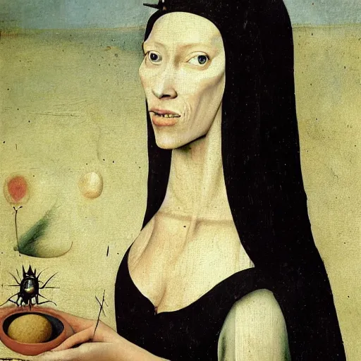 Prompt: full body of a beautiful girl with pale skin and very black hair with a crown on her head, by hieronymus bosch, painting, fine art, artwork, oil paint, wet paint, spray paint, hyperdimensional