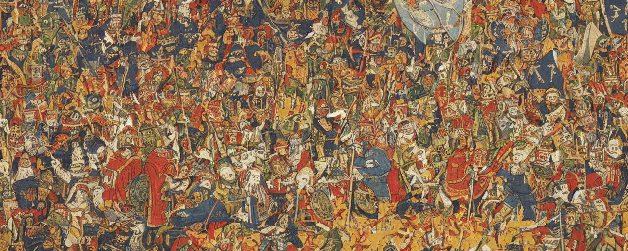 Prompt: the holy crusade of cats wariors, in the style of Middle Age tapestry, very detailed,