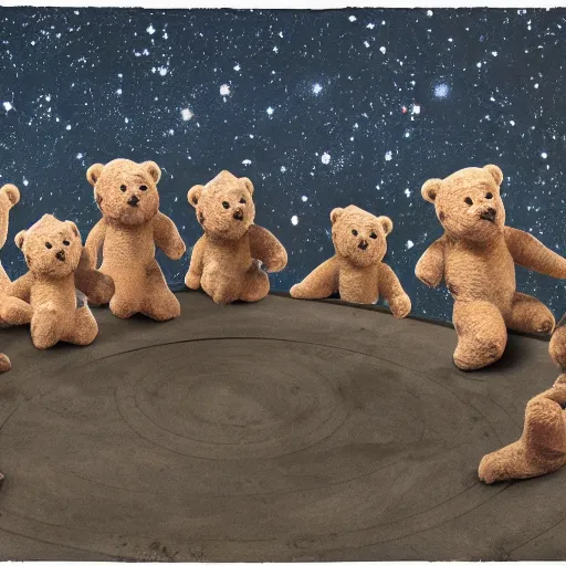 Prompt: a group of teddy bears standing in a circle holding hands outside their caste under a starry sky