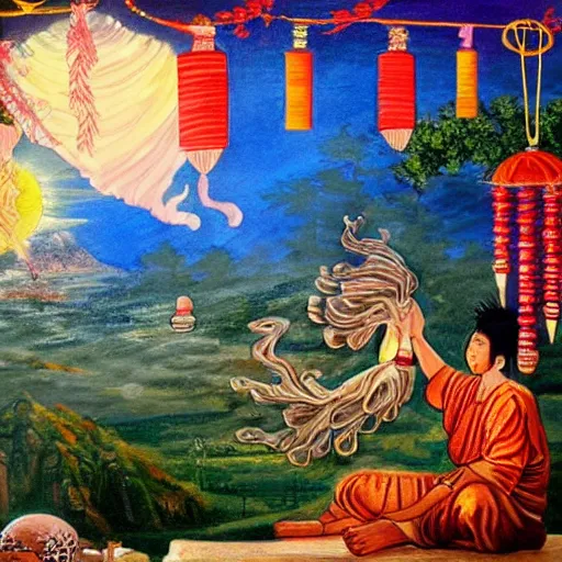 Image similar to painting of a god of wind enjoying his heavenly palace, decorated with windchimes and paper lanterns, stunning nature in background