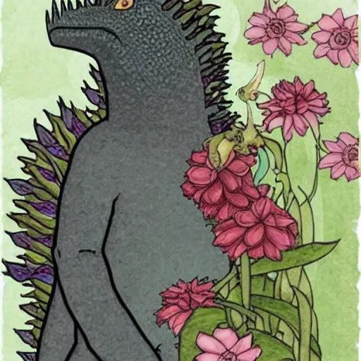 Image similar to godzilla smelling flowers, in the style of chiara bautista, mucha