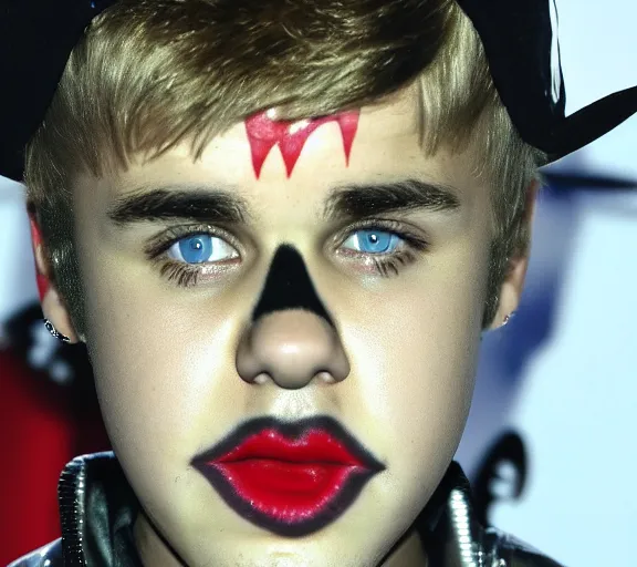 Image similar to color still shot of justin bieber lead singer performing in music group insane clown posse, face closeup