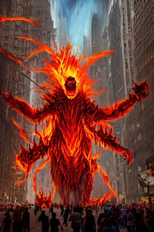 Prompt: Beautiful enormous monter Diablo demon Gigachad made of fire and red thunders walking down the New York city, downtown , skyscrapers. People walking and staring at Gigachad. Thunders, meteors, wide angle, magic, fire, face painting, dramatic lighting, intricate, wild, highly detailed, digital painting, artstation, concept art, smooth, sharp focus, illustration, art by artgerm and greg rutkowski and alphonse mucha, footage from space camera