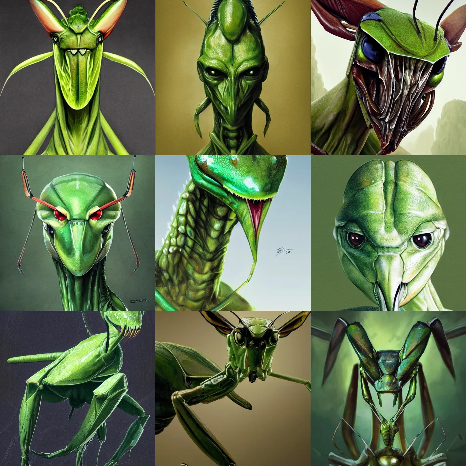 Prompt: stunning portrait of a green anthropomorphic mantis religiosa ; powerful front forearms ; hard predatory look ; d & d rogue ; flat triangle - shaped head with antennae ; concept art ; artstation ; 8 k ; wallpapers ; heavy contrast ; cinematic art ; cgsociety ; art by greg rutkowski and ayami kojima
