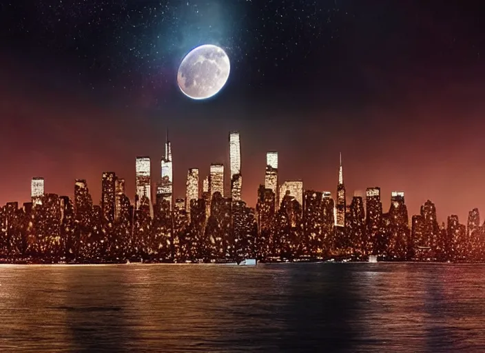 Image similar to film still of the moon breaking into pieces over manhatten in the new disaster movie, 8 k, night time