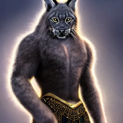 Prompt: highly detailed digital painting, black male anthro - lynx, human with head of lynx, viking hair, with long thick wavy hair like fabio, facial scar, hairy masculine gigachad, muscular, wearing kilt and gold armbands, fur texture, as space viking, classic science fiction, trending on artstation, romance novel,