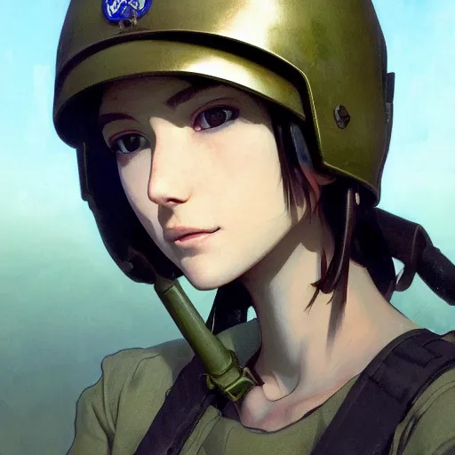 Image similar to side portrait of tanker girl, soldier clothing, combat helmet, anime style, short hair, hair down, symmetrical facial features, from arknights, hyper realistic, 4 k, rule of thirds, extreme detail, detailed drawing, trending artstation, hd, d & d, realistic lighting, by alphonse mucha, greg rutkowski, sharp focus, backlit