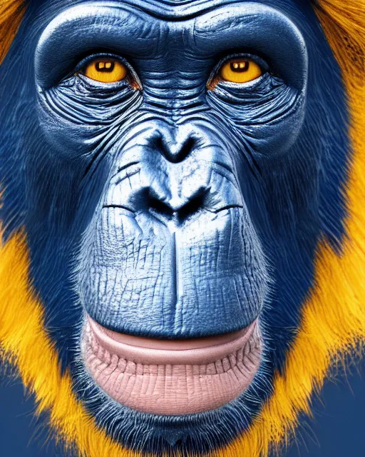 Image similar to gold, blue, illustration of a chimpanzee, 3 d, 8 k, extremely detailed, artstation