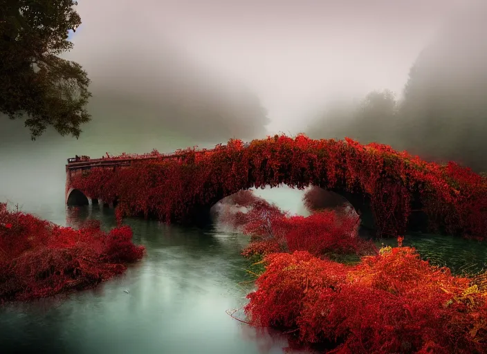 Prompt: an emerald bridge over a river of red wine. highly detailed. mythical. magical. mist. foggy. 4k. 800 iso.