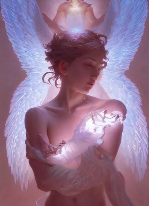 Image similar to beautiful angel with tattooes, intricate lights, bio luminescent, venomize, by ruan jia and artgerm and range murata and wlop and ross tran and william - adolphe bouguereau and beeple. key art. fantasy illustration. award winning, artstation, intricate details, realistic, hyperdetailed, 8 k resolution.