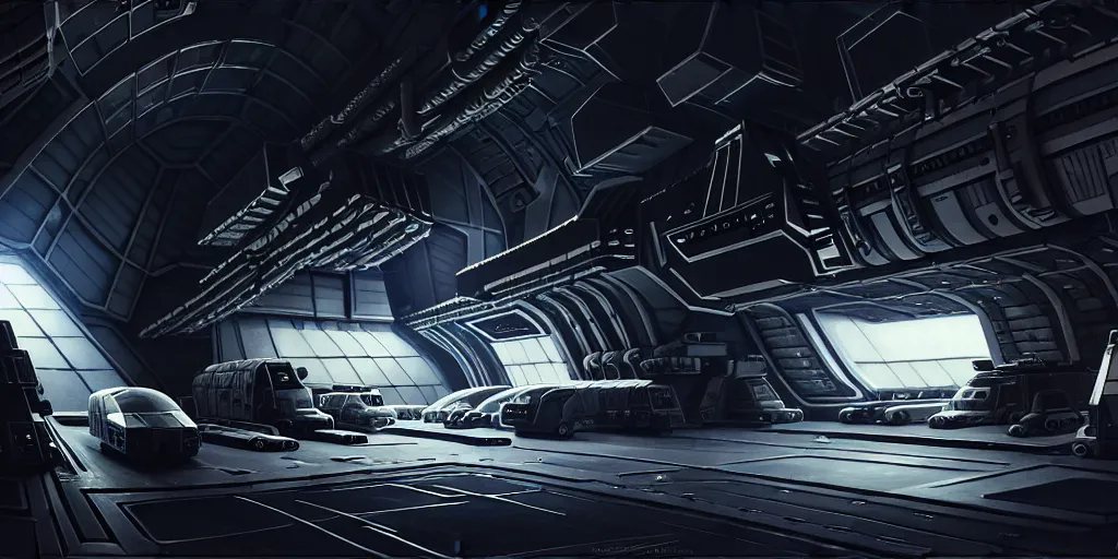 Prompt: an extremely detailed masterpiece epic scene of the inside of a cavernous spaceship cargo bay with various types of parked militarized spacecraft and an opened hanger door space scene in background, in the style of lebbeus woods, intricate, elegant, highly detailed, digital painting, artstation, cinematic lighting, extremely moody lighting, glowing light and shadow, 8 k
