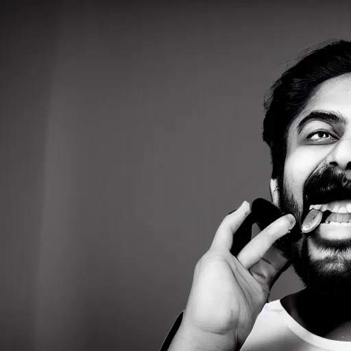 Image similar to Mutahar laughing, led lights, dark room