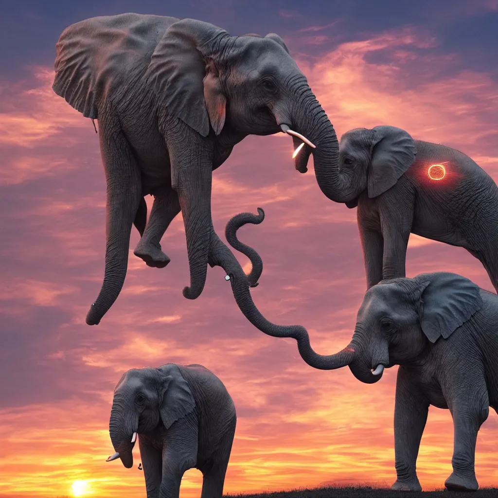 Image similar to A single elephant with lasers coming out of it's eyes, cyberpunk elephant in front of a sunset