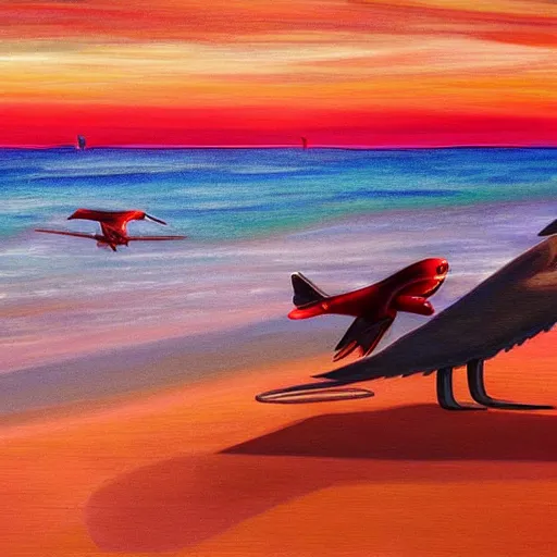 Prompt: sunrise in paradisiacal bay next to winged red panthers, art, concept art, painting