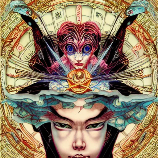 Prompt: portrait of crazy fortune teller, symmetrical, by yoichi hatakenaka, masamune shirow, josan gonzales and dan mumford, ayami kojima, takato yamamoto, barclay shaw, karol bak, yukito kishiro