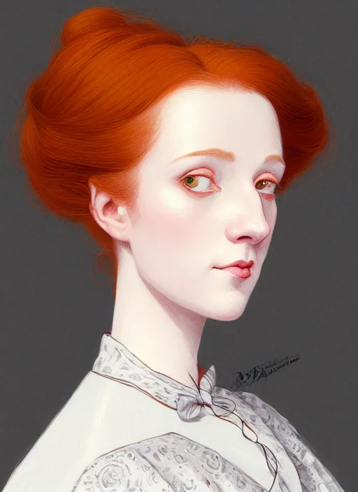 Prompt: a portrait of a young redhead woman with a crooked nose in victorian clothing, confident pose, intricate, elegant, sharp focus, illustration, highly detailed, concept art, matte, trending on artstation, anime, art by james jean and artgerm and brian despain and alberto mielgo, greg rutkowski, wlop, ilya kuvshinov, strong strokes