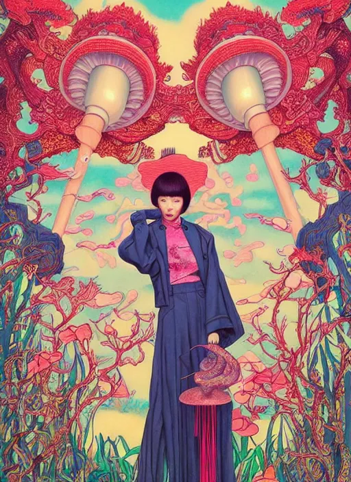 Image similar to pretty chinese model with hallucination mushroom : : by martine johanna and simon stalenhag and chie yoshii and casey weldon and wlop : : ornate, dynamic, particulate, rich colors, intricate, elegant, highly detailed, vogue, harper's bazaar art, fashion magazine, smooth, sharp focus,