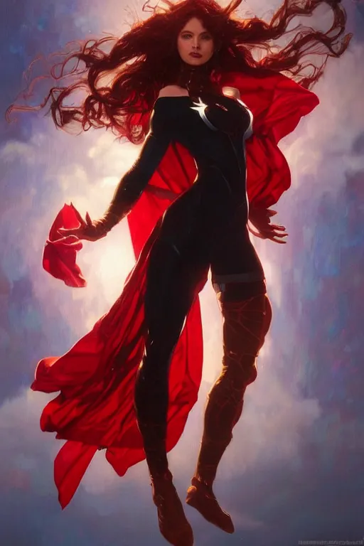 Image similar to marvel superhero, beautiful woman, floating in the air, red tight costume and red long hair, black cloak, power field around her, detailed portrait, dark background texture, alphonse mucha, greg rutkowski, trending on artstation, artgerm, breathtaking, sharp focus, smooth, mark arian, award winning, highly detailed 8 k art