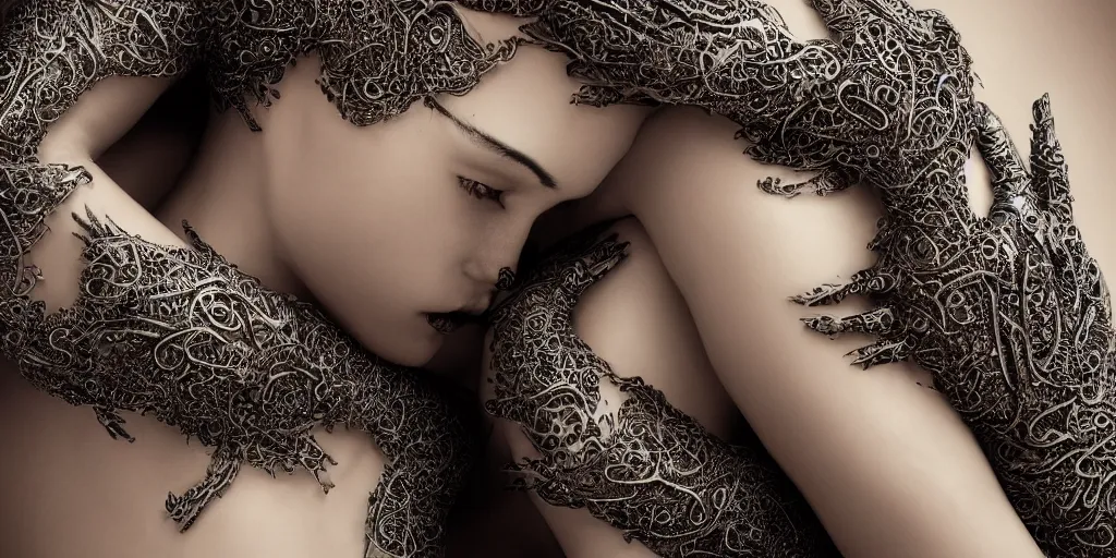 Image similar to realistic photography of a beautiful cyborg androgynous humanoid, hand under chin, back, holding close, in liquid, intricate filigree, in the style of beth cavener, jin kagetsu, wlop, highly detailed, symmetry, masterpiece, concept art, ringflash, highkey lighting, ambient lighting, octane render, 8 k, artstation