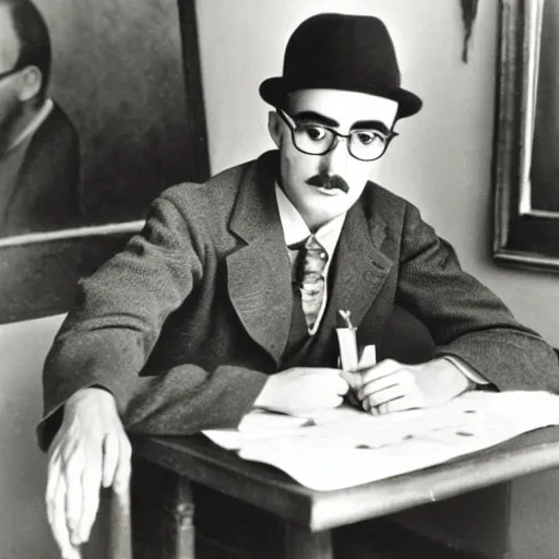 Prompt: old black and white portrait photo of Fernando Pessoa at a table inside a cafe composing an astrological chart