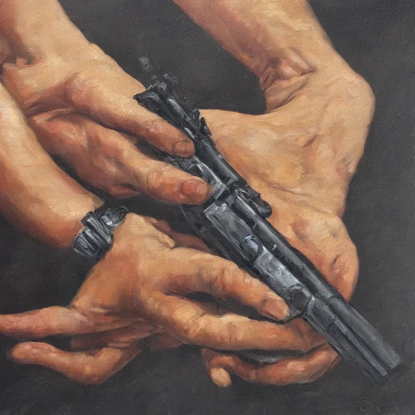 Image similar to oil painting of a human hand holding a gun