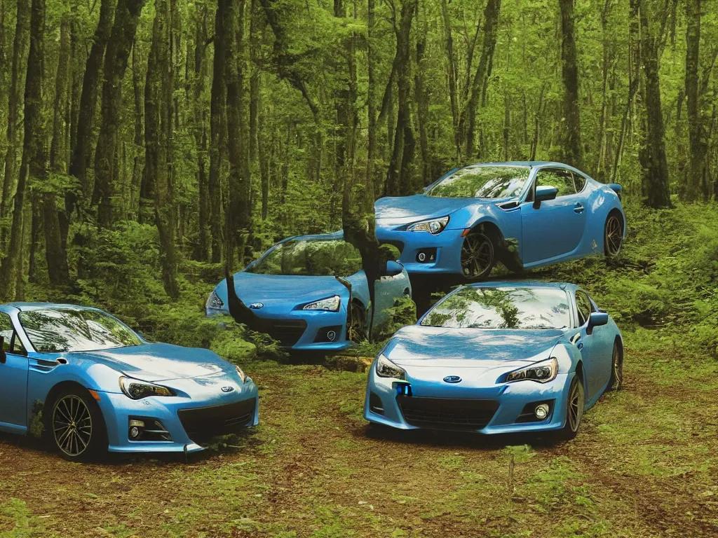 Image similar to subaru brz in a forest by studio ghibli