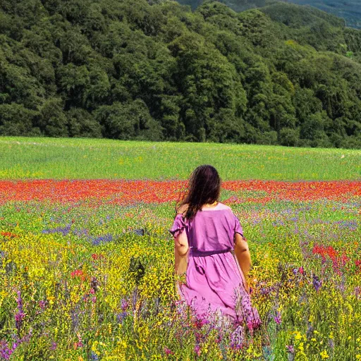 Prompt: a woman waking in a field of wildflowers