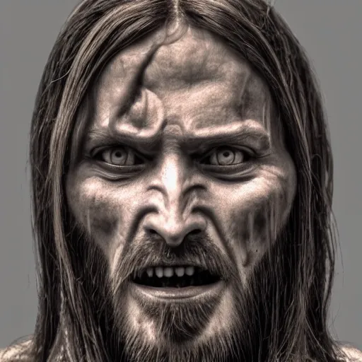 Prompt: a realistic photo of demonic Jesus Christ scary, horror, demons, terror, terrifying, dark, gloomy, ominous, hyper realism, wide shot, photography, photograph, hyper realism, detailed face, render,