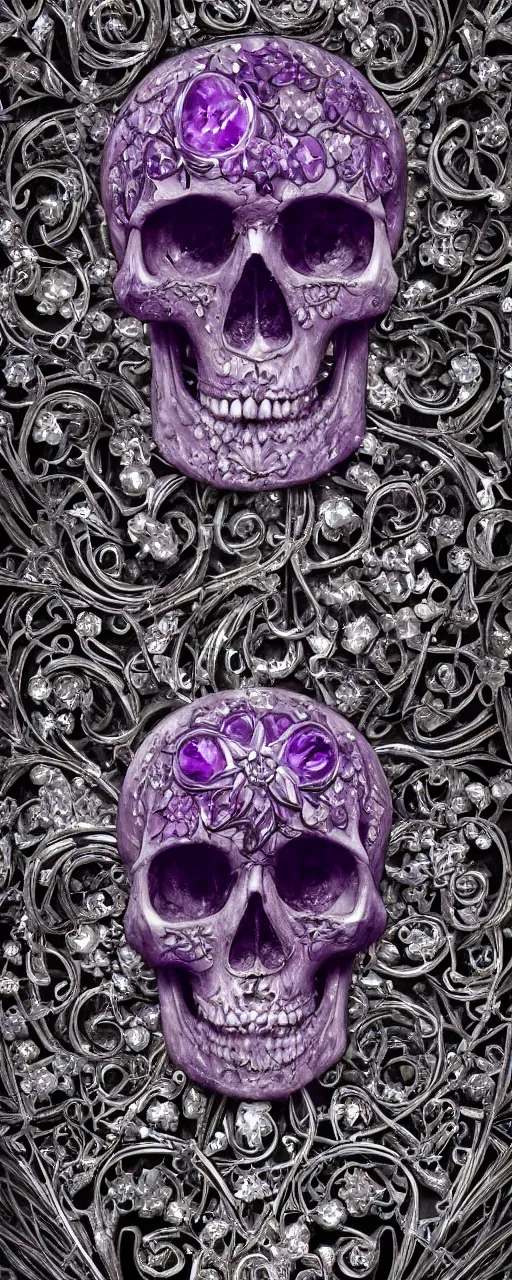 Prompt: photographic steel The Catacombs of Paris, amethyst black paper, bringer of glowing light and life and death, skull, mystical, intricate ornamental floral flourishes, beautiful steel emerald diamond glass, octane, 8k