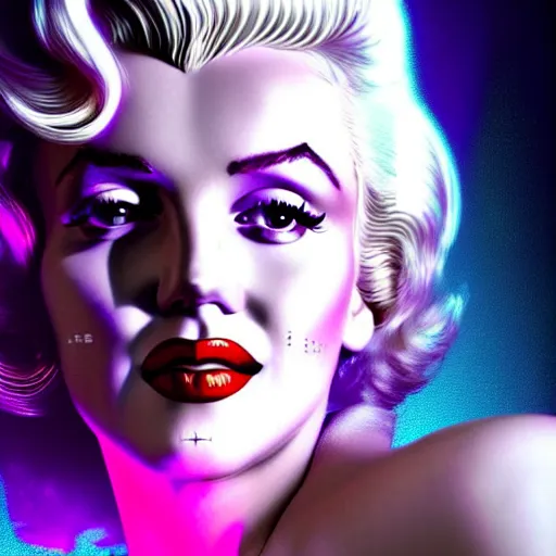 Prompt: a portrait of marilyn monroe with long siver hair, cyber neon lightings, wide angle, highly detailed, cyberpunk high fashion, elegant, crispy quality, trending in artstation, trending in pinterest, glamor pose, no signature, no watermark, cinematic, octane render, art by artgerm, art by greg rutkowski, art by pascal blanche