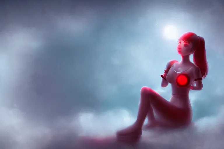 Image similar to a cute robot girl sitting on a cloud relaxing, red lighting, mist, digital art,